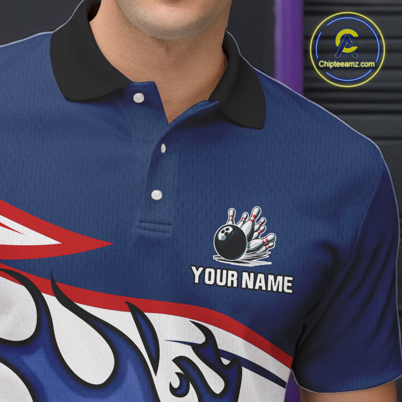 Red, White and Blue Flame bowling ball polo, 1/4 zip shirts for Men Custom patriotic Bowling Outfit NQS10045