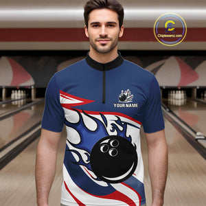 Red, White and Blue Flame bowling ball polo, 1/4 zip shirts for Men Custom patriotic Bowling Outfit NQS10045