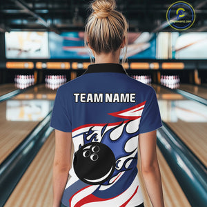 Red, White and Blue Flame bowling ball polo, 1/4 zip shirts for Women Custom patriotic Bowling Outfit NQS10045