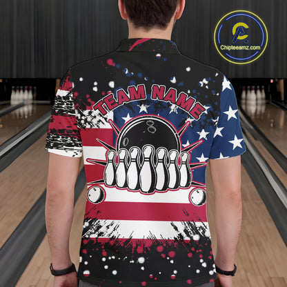 American Flag Black Bowling Polo, 1/4 Zip Shirts For Men custom patriotic retro bowling team shirts NQS10210