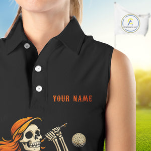 Black and Orange Skull golf sleeveless polo shirt for Women Custom Halloween Ladies golf outfit NQS10353