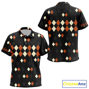 Black and Orange argyle plaid pattern Kid golf polo shirts custom Halloween golf wear for Kid NQS10356