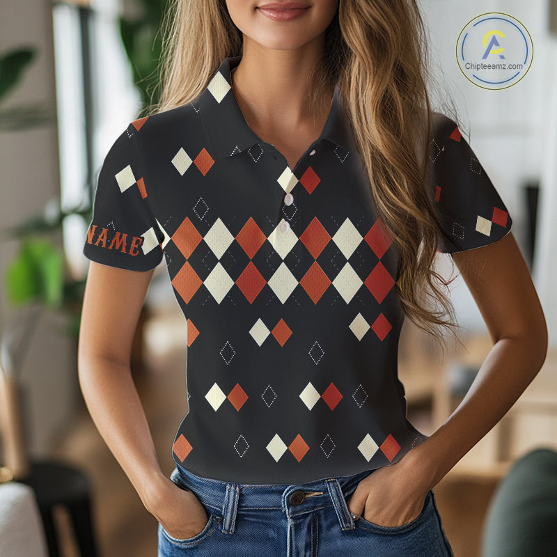 Black and Orange argyle plaid pattern Women golf polo shirts custom Halloween golf wear for ladies NQS10356