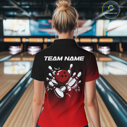 Custom Black and Red Bowling Polo, Quarter Zip Team Shirts For Women, Bowling Outfit Gift For Bowlers NQS10565