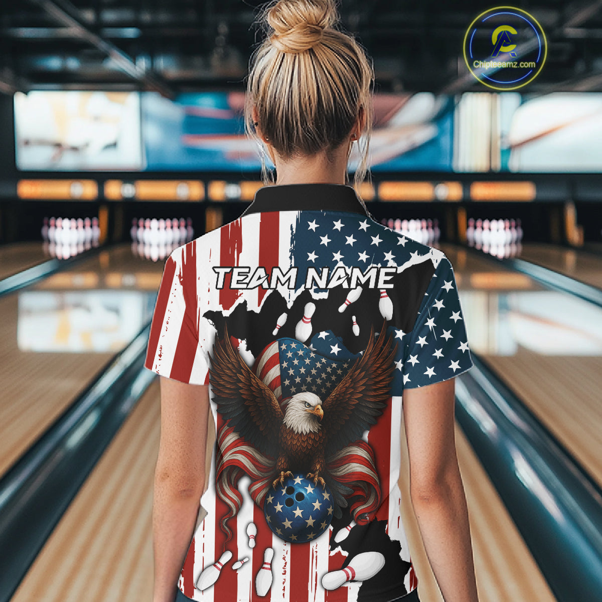 American Flag Eagle Bowling Polo, Quarter Zip Shirts For Women Custom Patriotic Team Bowling Jersey NQS10572