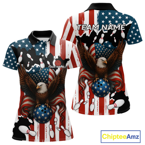 American Flag Eagle Bowling Polo, Quarter Zip Shirts For Women Custom Patriotic Team Bowling Jersey NQS10572