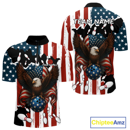 American Flag Eagle Bowling Polo, Quarter Zip Shirts For Men Custom Patriotic Team Bowling Jersey NQS10572