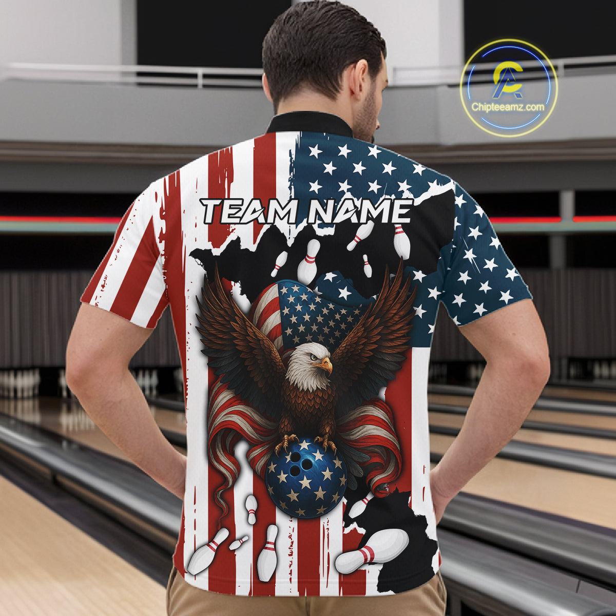 American Flag Eagle Bowling Polo, Quarter Zip Shirts For Men Custom Patriotic Team Bowling Jersey NQS10572