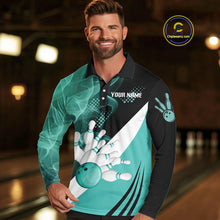 Load image into Gallery viewer, Mens bowling polo, 1/4 zip shirts Custom cyan blue smoke bowling team jerseys, gift for Bowlers NQS10060