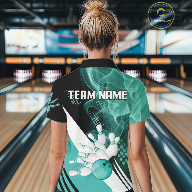 Women bowling polo, 1/4 zip shirts Custom cyan blue smoke bowling team jerseys, gift for Bowlers NQS10060