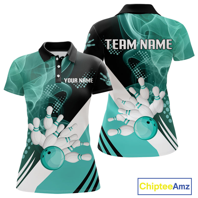 Women bowling polo, 1/4 zip shirts Custom cyan blue smoke bowling team jerseys, gift for Bowlers NQS10060