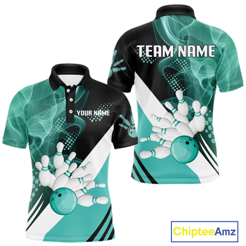 Mens bowling polo, 1/4 zip shirts Custom cyan blue smoke bowling team jerseys, gift for Bowlers NQS10060