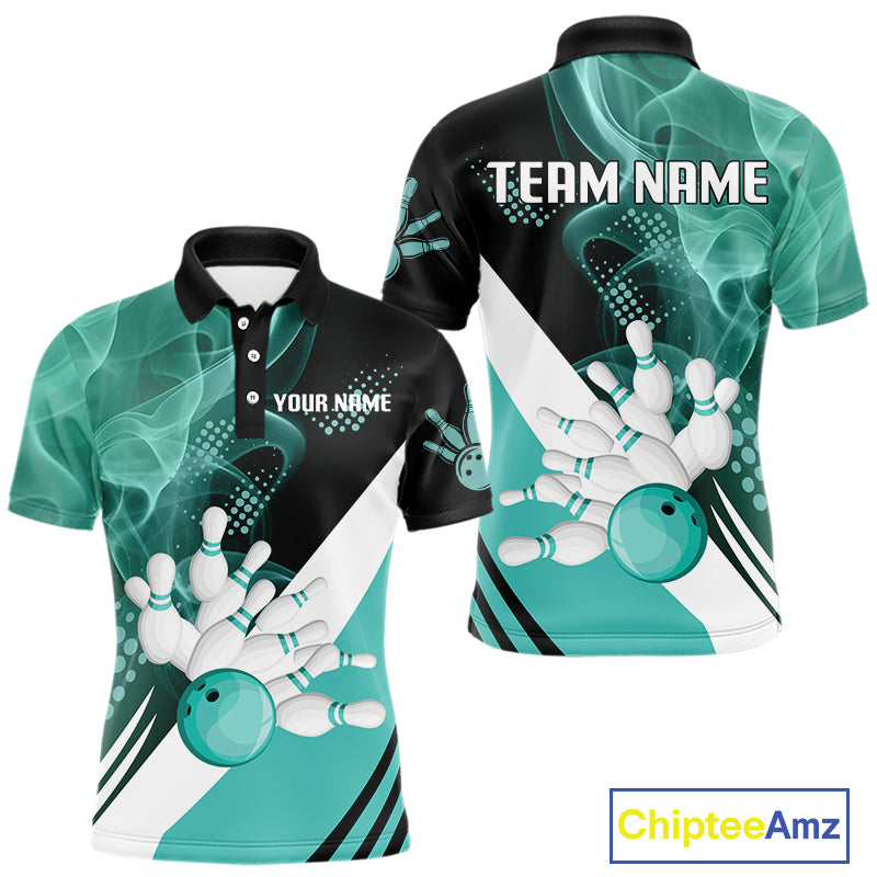 Mens bowling polo, 1/4 zip shirts Custom cyan blue smoke bowling team jerseys, gift for Bowlers NQS10060