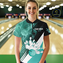 Load image into Gallery viewer, Women bowling polo, 1/4 zip shirts Custom cyan blue smoke bowling team jerseys, gift for Bowlers NQS10060