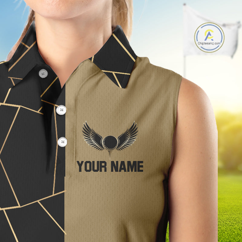 Black and Gold pattern Sleeveless Golf polo shirt custom golf attire for ladies, golfing gifts NQS10359