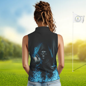 Blue Flame Skull reaper Sleeveless Golf polo shirts custom golf top for ladies, best golf gifts NQS10360
