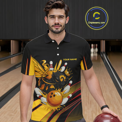 Black and Yellow Bee Bowling Polo, Quarter Zip Shirts For Men Custom Bee Bowling Team Jersey Outfit NQS10362