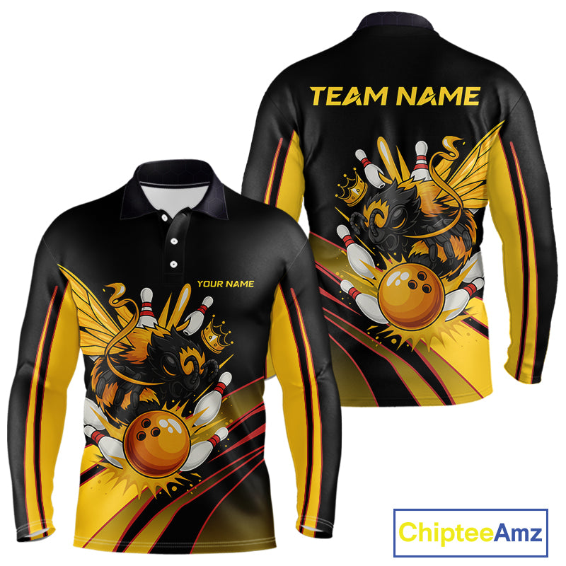 Black and Yellow Bee Bowling Polo, Quarter Zip Shirts For Men Custom Bee Bowling Team Jersey Outfit NQS10362