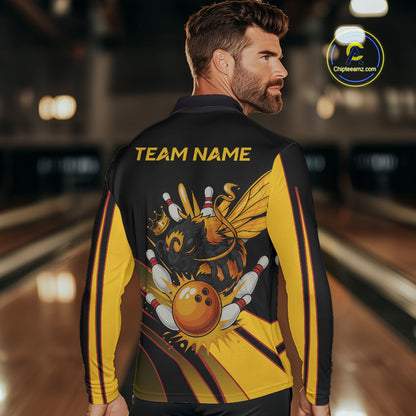 Black and Yellow Bee Bowling Polo, Quarter Zip Shirts For Men Custom Bee Bowling Team Jersey Outfit NQS10362