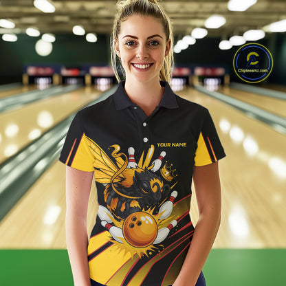 Black and Yellow Bee Bowling Polo, Quarter Zip Shirts For Women Custom Bee Bowling Team Jersey Outfit NQS10362