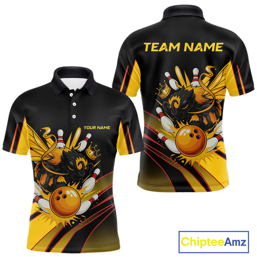 Black and Yellow Bee Bowling Polo, Quarter Zip Shirts For Men Custom Bee Bowling Team Jersey Outfit NQS10362