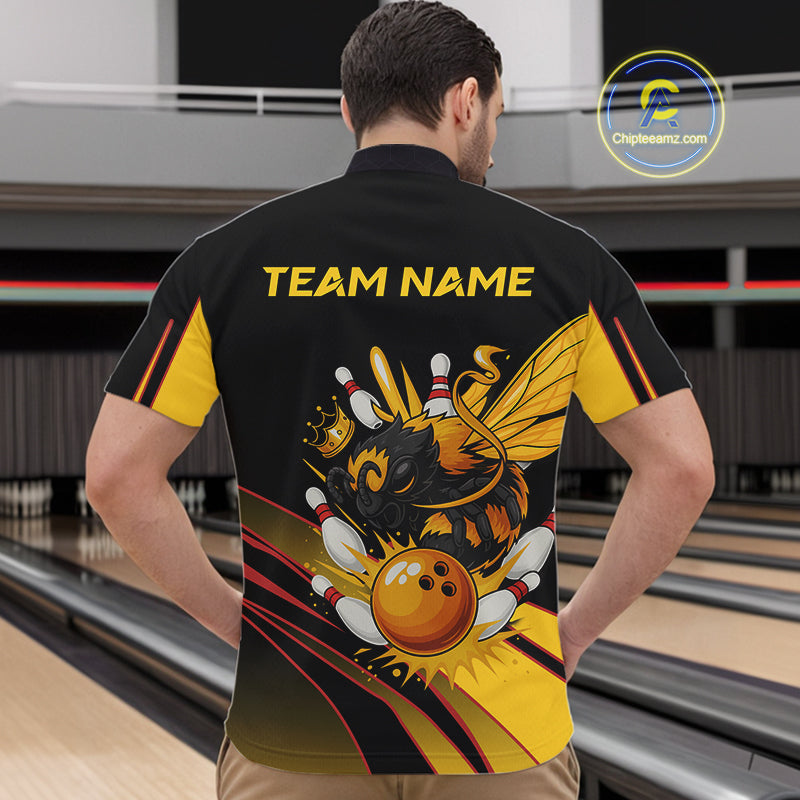 Black and Yellow Bee Bowling Polo, Quarter Zip Shirts For Men Custom Bee Bowling Team Jersey Outfit NQS10362