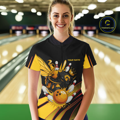 Black and Yellow Bee Bowling Polo, Quarter Zip Shirts For Women Custom Bee Bowling Team Jersey Outfit NQS10362