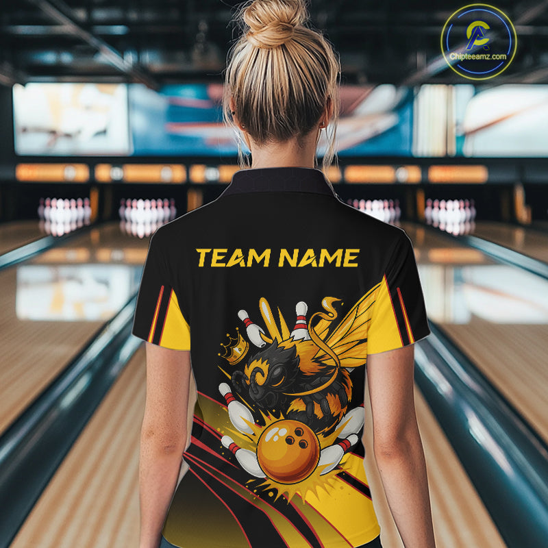 Black and Yellow Bee Bowling Polo, Quarter Zip Shirts For Women Custom Bee Bowling Team Jersey Outfit NQS10362