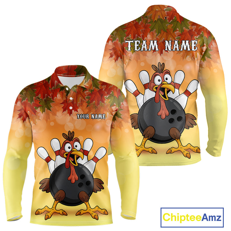 Custom Funny Turkey Bowling Shirt For Men, maple leaf pattern Thanksgiving Bowling Shirt Team Uniform NQS10368