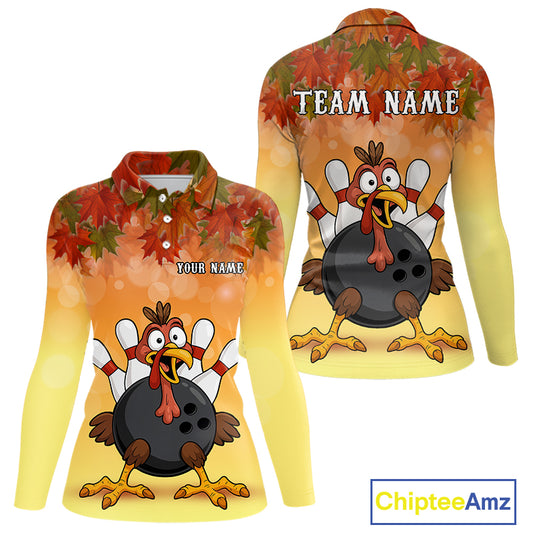 Custom Funny Turkey Bowling Shirt For Women, maple leaf pattern Thanksgiving Bowling Team Uniform NQS10368