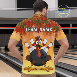 Custom Funny Turkey Bowling Shirt For Men, maple leaf pattern Thanksgiving Bowling Shirt Team Uniform NQS10368