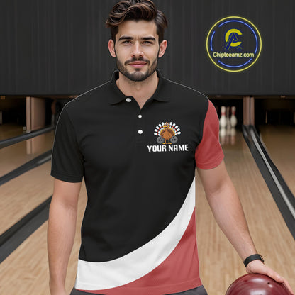 Retro Black and Red Turkey Bowling Polo, Quarter Zip Shirt For Men, Thanksgiving Bowling Team Jersey NQS10370