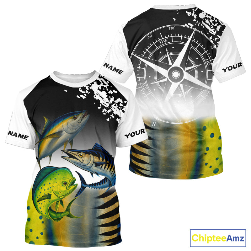 Personalized Mahi Mahi, Wahoo, Tuna scales black Fishing Shirts, compass offshore tournament Shirts NQS10372
