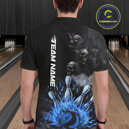 Personalized Smoke Skull Blue Flame Black Bowling Shirts For Men Custom Team Bowling Jerseys NQS10597