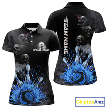 Load image into Gallery viewer, Personalized Smoke Skull Blue Flame Black Bowling Shirts For Women Custom Team Bowling Jerseys NQS10597