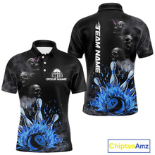 Load image into Gallery viewer, Personalized Smoke Skull Blue Flame Black Bowling Shirts For Men Custom Team Bowling Jerseys NQS10597