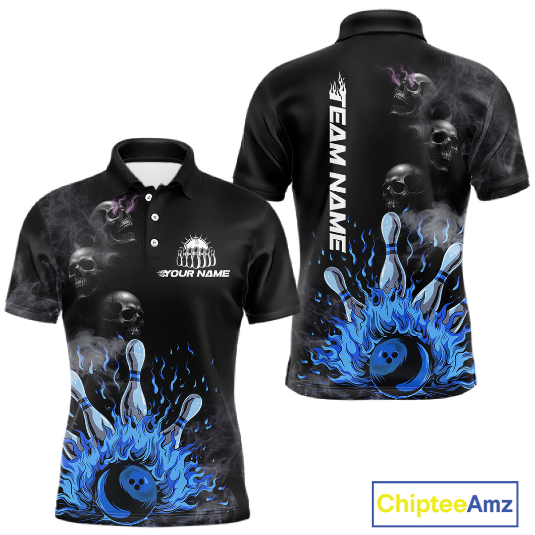 Personalized Smoke Skull Blue Flame Black Bowling Shirts For Men Custom Team Bowling Jerseys NQS10597