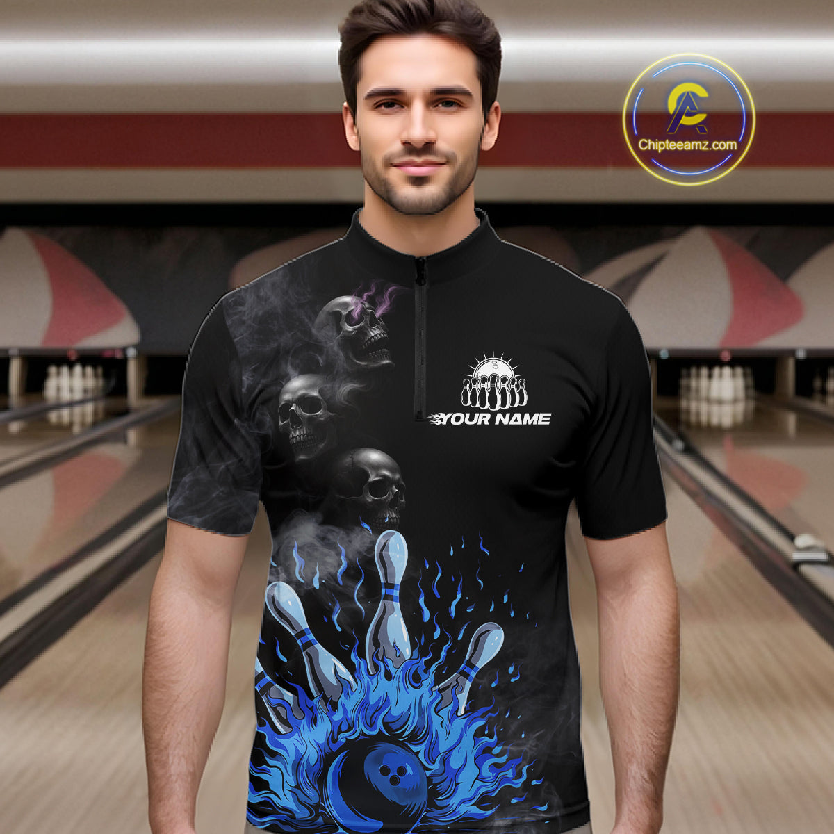 Personalized Smoke Skull Blue Flame Black Bowling Shirts For Men Custom Team Bowling Jerseys NQS10597