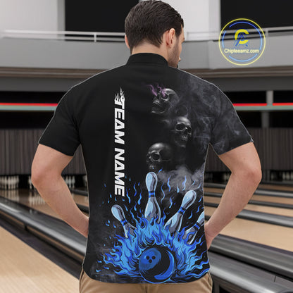 Personalized Smoke Skull Blue Flame Black Bowling Shirts For Men Custom Team Bowling Jerseys NQS10597