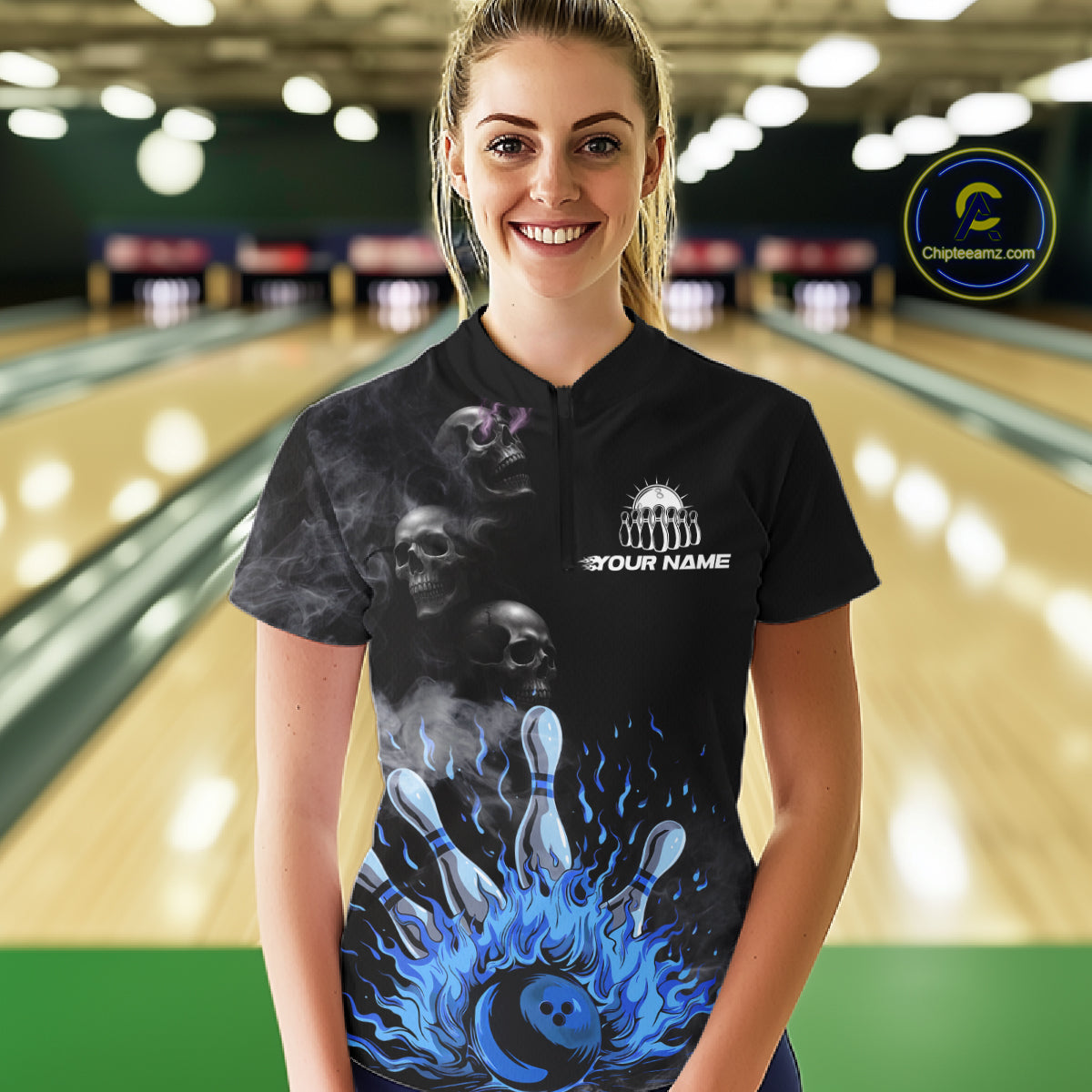 Personalized Smoke Skull Blue Flame Black Bowling Shirts For Women Custom Team Bowling Jerseys NQS10597