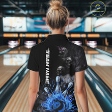Load image into Gallery viewer, Personalized Smoke Skull Blue Flame Black Bowling Shirts For Women Custom Team Bowling Jerseys NQS10597