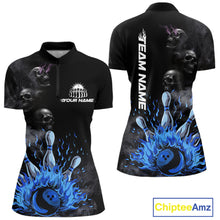 Load image into Gallery viewer, Personalized Smoke Skull Blue Flame Black Bowling Shirts For Women Custom Team Bowling Jerseys NQS10597