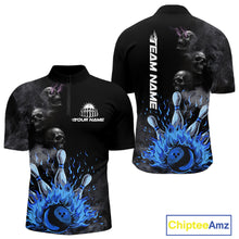 Load image into Gallery viewer, Personalized Smoke Skull Blue Flame Black Bowling Shirts For Men Custom Team Bowling Jerseys NQS10597