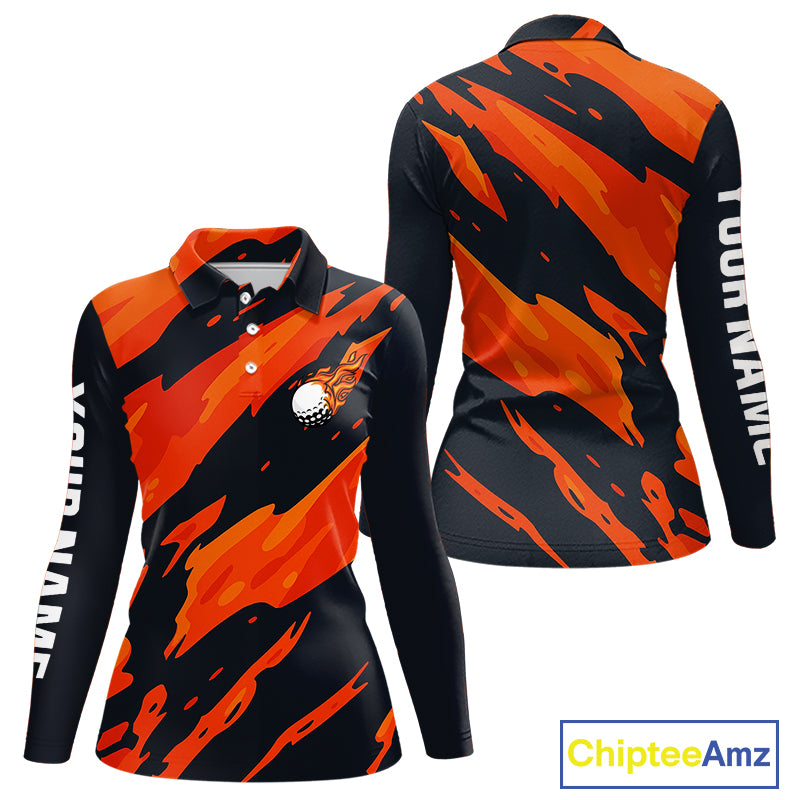 Black and Orange Flame Golf polo shirts for Women Custom ladies golf outfit, personalized golf gifts NQS10069