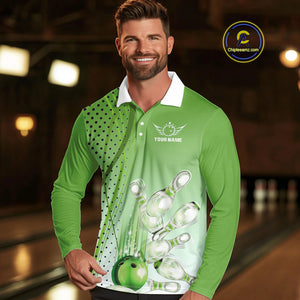 Mens bowling polo, quarter zip shirts Custom bowling team jerseys, gift for Bowlers | Green NQS10072