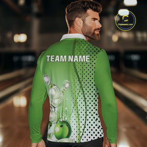 Mens bowling polo, quarter zip shirts Custom bowling team jerseys, gift for Bowlers | Green NQS10072