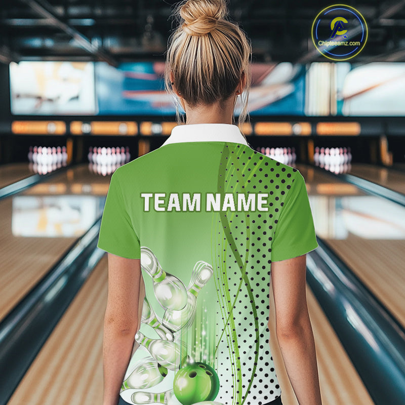 Women bowling polo, quarter zip shirts Custom bowling team jerseys, gift for Bowlers | Green NQS10072