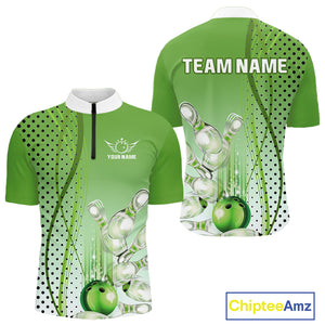 Mens bowling polo, quarter zip shirts Custom bowling team jerseys, gift for Bowlers | Green NQS10072