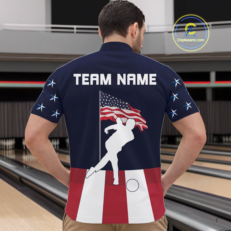 Red, White and Blue American Flag Bowling Team Shirts For Men Custom Patriotic Bowling Jerseys NQS10220