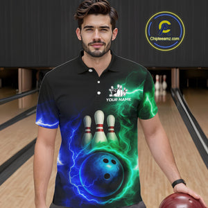 Blue and Green Lightning thunder Black Bowling Shirts For Men custom Bowling Team Jerseys NQS10379